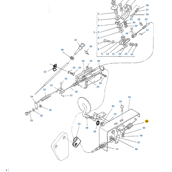 Exploded diagram of a mechanical assembly for the Massey Ferguson 200 Series, showcasing various parts numbered 1 to 58, is provided by AGCO. The components include screws, rods, plates, and levers with connecting lines indicating the assembly order. One notable part in this series is the Massey Ferguson - Spring - 716762M1.