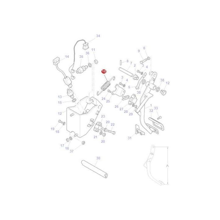 A technical line drawing depicting an exploded view of the mechanical components and their respective parts, numbered for reference, from a Massey Ferguson - Spring Clutch Pedal (3786148M1) by AGCO.