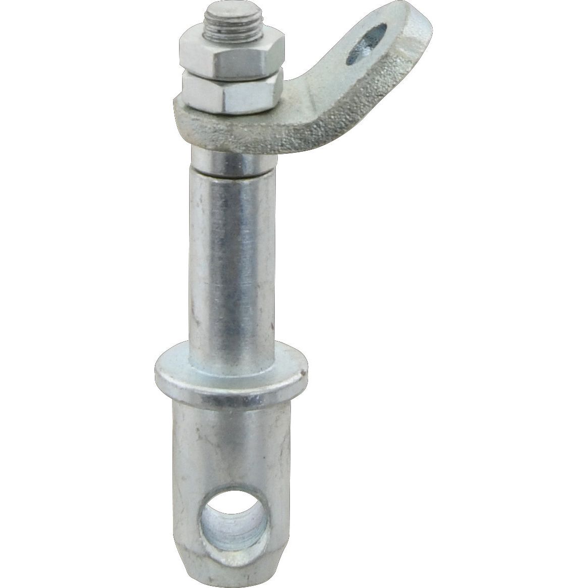 Sparex Stabiliser Pin 22x110mm, featuring a thread size of 7/16''x25.4mm, incorporates a threaded bolt, hex nuts, and a mounting hole on a protruding bracket, designed to fit the Massey Ferguson 135 (Sparex Part No.S.171).