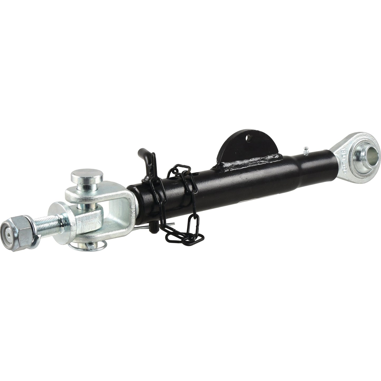 A Sparex Stabiliser - S.150419 Massey Ferguson black tractor top link, featuring locking pins, metal adjusters, and ball end joints on each side.