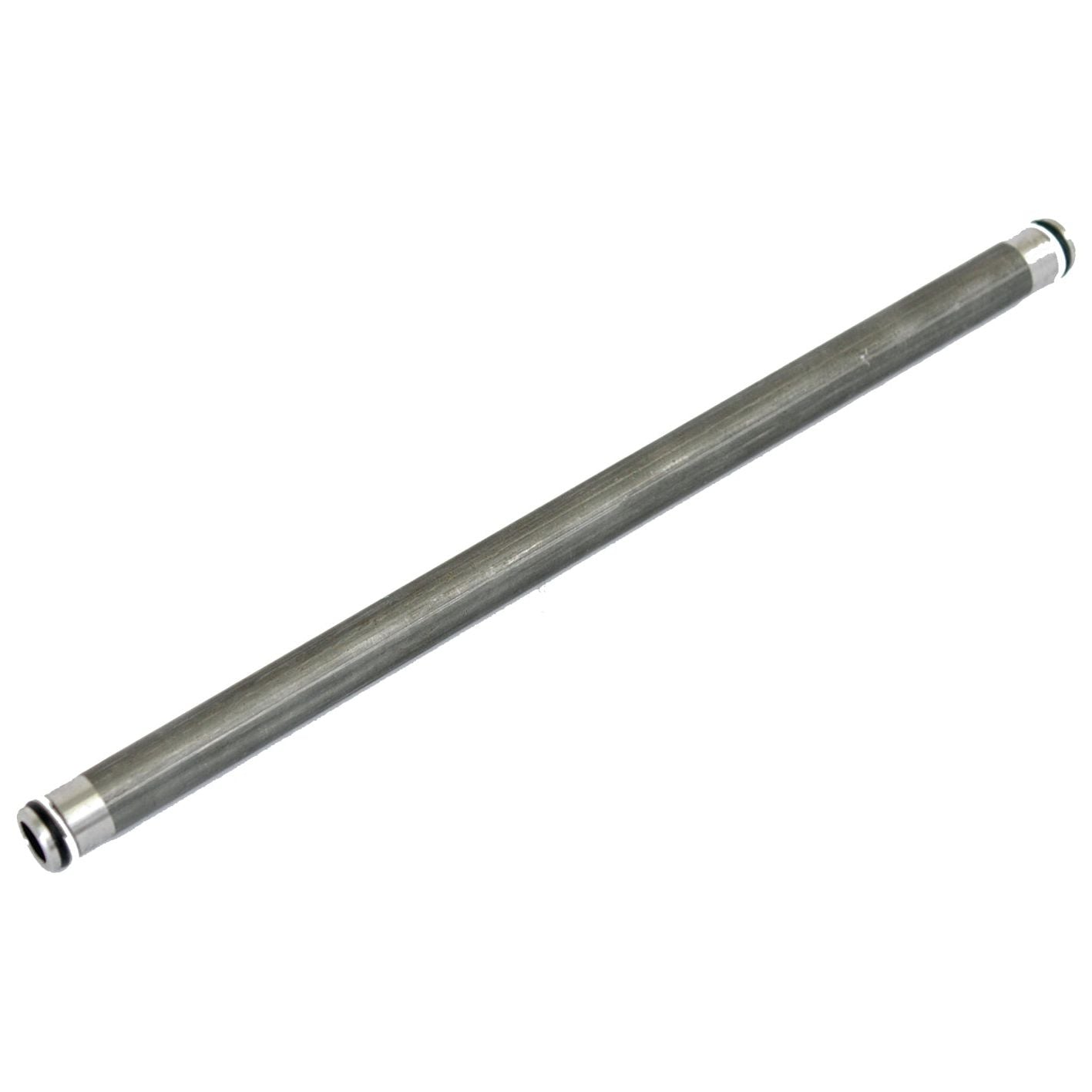The Steel Hydraulic Pipe x, | Sparex Part No.S.40879 from the brand Sparex is a long, thin, cylindrical metal rod with connectors at both ends, commonly used in stack pipe systems for high flow pumps.