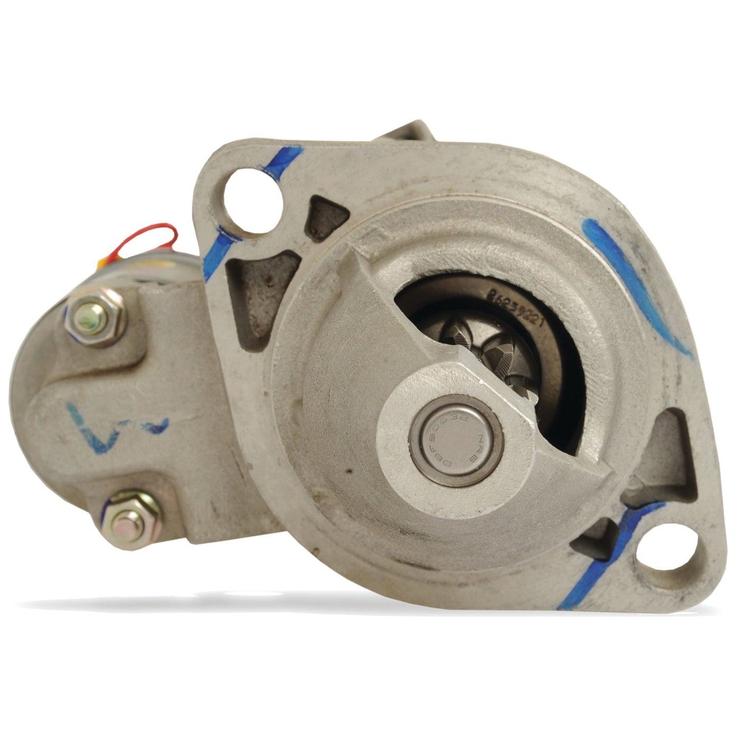 Close-up image of the Sparex Starter Motor - 12V, 0.8Kw (Lucas TVS) | Sparex Part No.S.44096, showcasing its metallic components and electrical connections, ideal for the Massey Ferguson TE20.