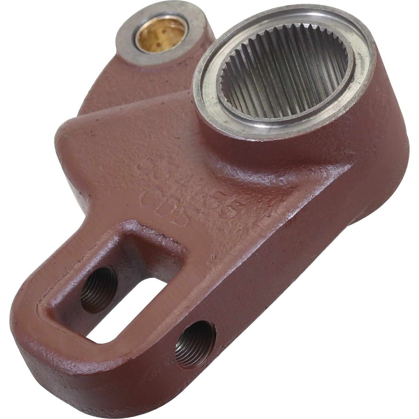 The Steering Arm (2WD) by Sparex, known as Sparex Part No.S.60142, is a brown metal machinery part with a cylindrical, gear-like section featuring 41 splines and two screw holes, compatible with Massey Ferguson.
