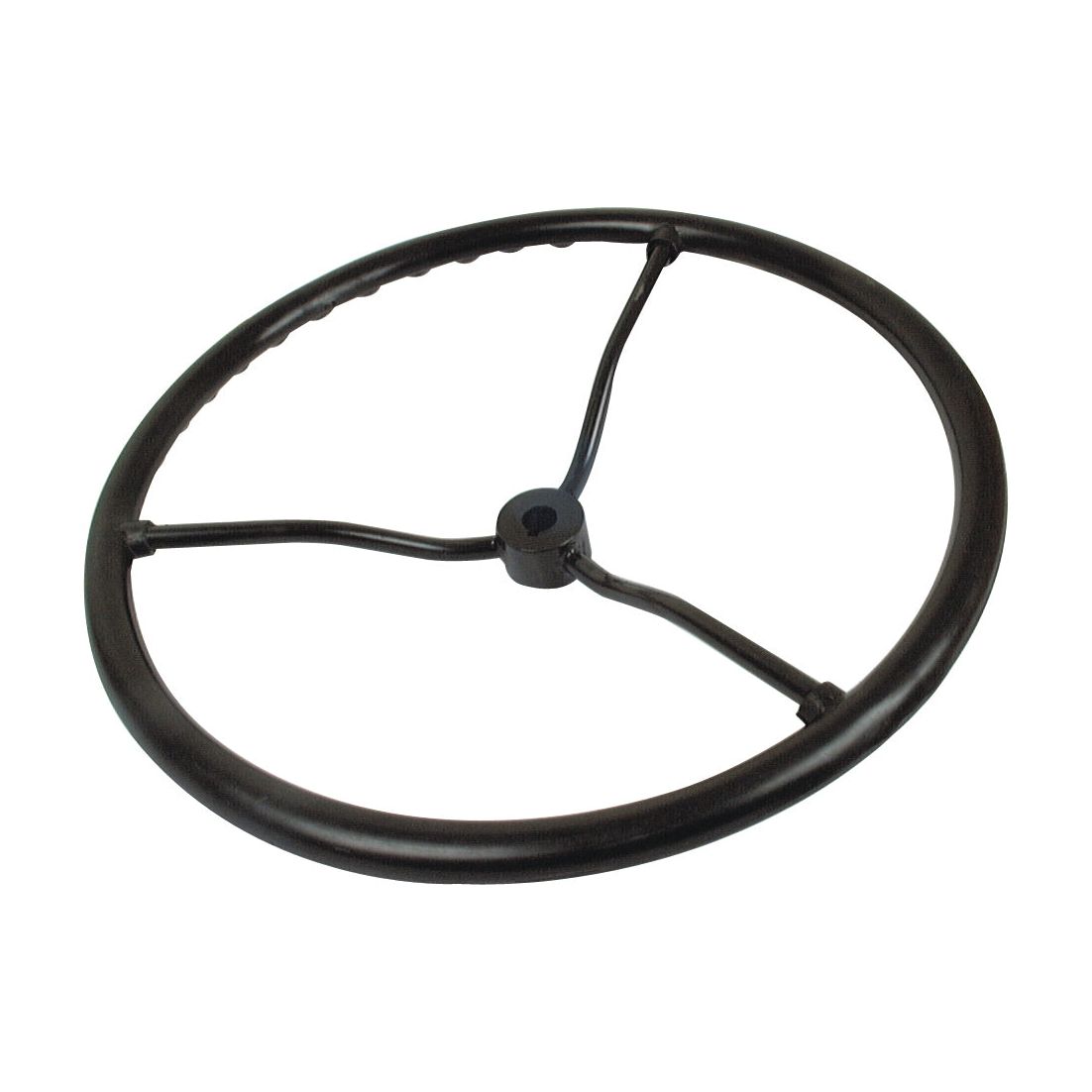 A black metal steering wheel, the Steering Wheel 450mm with Keyway by Sparex (Part No. S.61373), featuring three steel spokes and a central mounting hub.