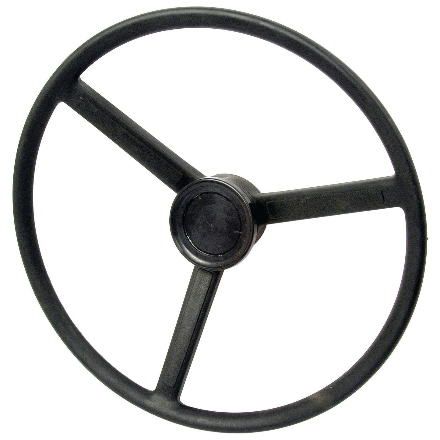 A black three-spoke steering wheel with a round central hub, viewed straight on against a plain white background, reminiscent of the classic design seen in Massey Ferguson machinery. This is the Steering Wheel 460mm with Keyway by Sparex, Part No. S.40262.