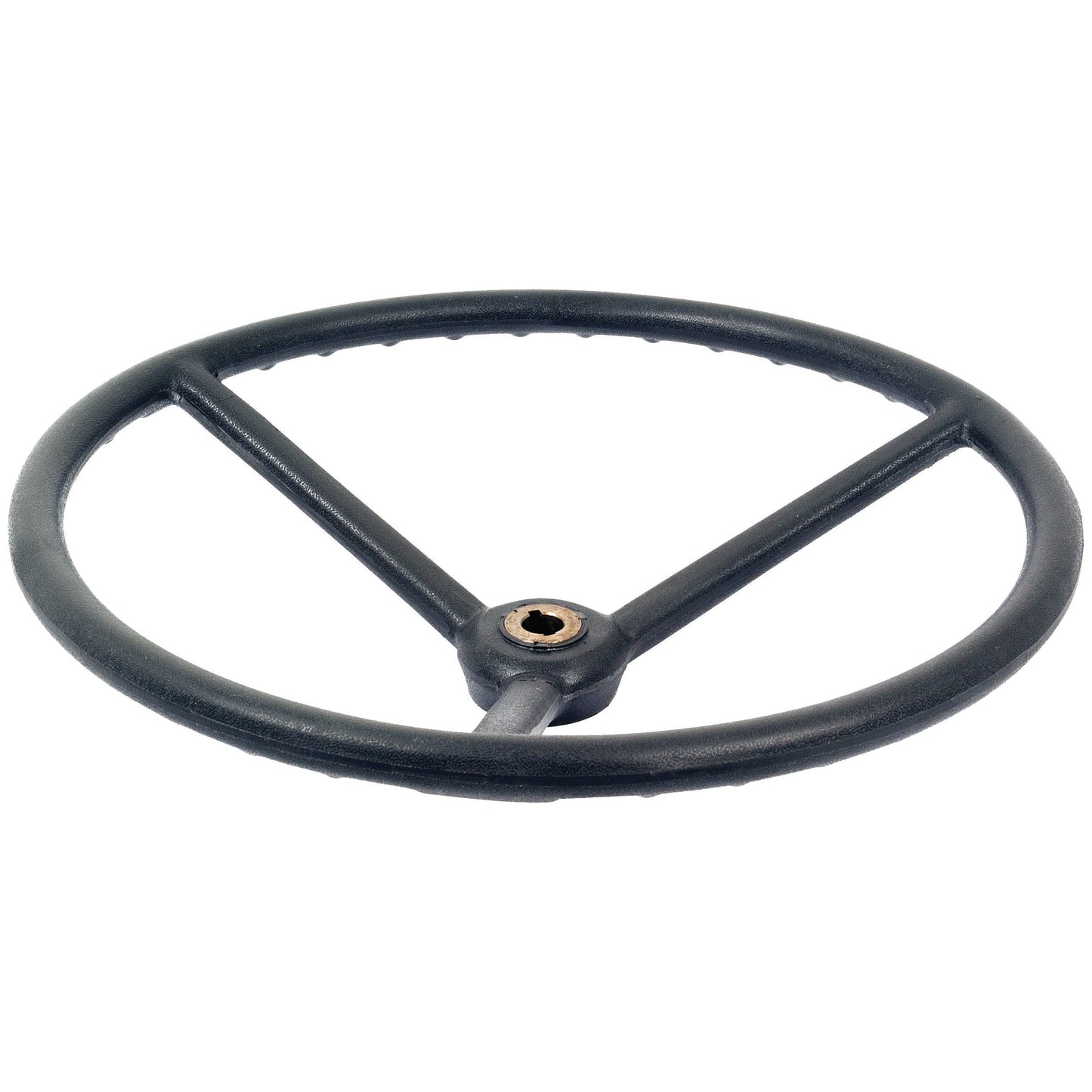 Illustration of the Sparex Steering Wheel 460mm, Keyway (Part No. S.48022), featuring a black, three-spoke design with a central mounting hole and keyway splines, compatible with Massey Ferguson models.