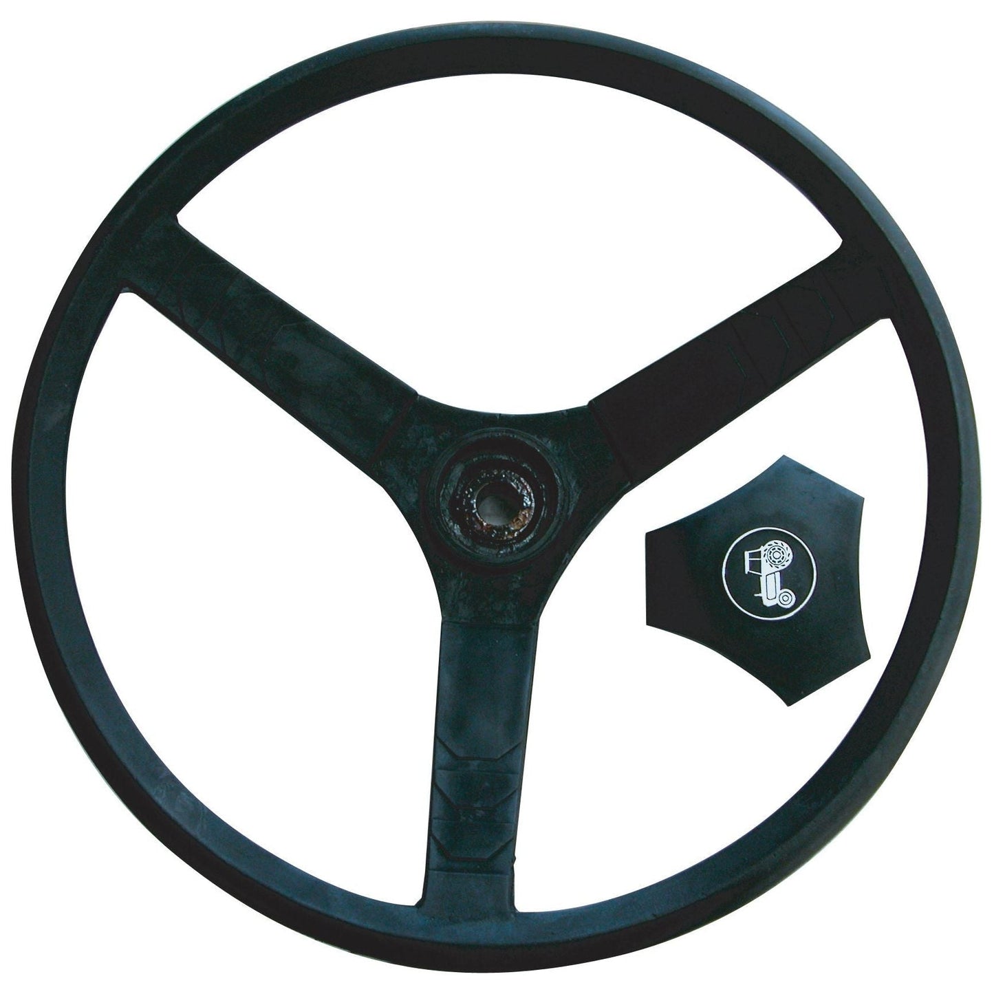 A black, three-spoke steering wheel (405mm, Splined) with a detached center cap featuring a logo, highly suitable for use in vehicles like John Deere tractors; branded as Sparex and identified by Part No. S.60478.