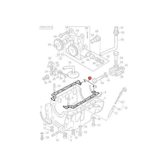 An exploded view diagram of a mechanical assembly features numerous individually numbered components, as seen in the Massey Ferguson - Sump Gasket - 4224249M91 by AGCO. Parts include gears, rods, bolts, and structural elements. Part number 5 is highlighted in red.