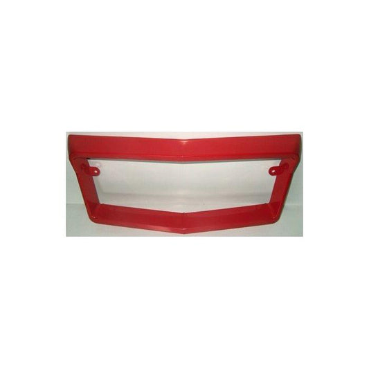 A product called Massey Ferguson - Surround front Hood - 961541M91 by AGCO, featuring a red, rectangular design with a slightly raised, beveled edge and a plastic surround, is positioned vertically against a white background.