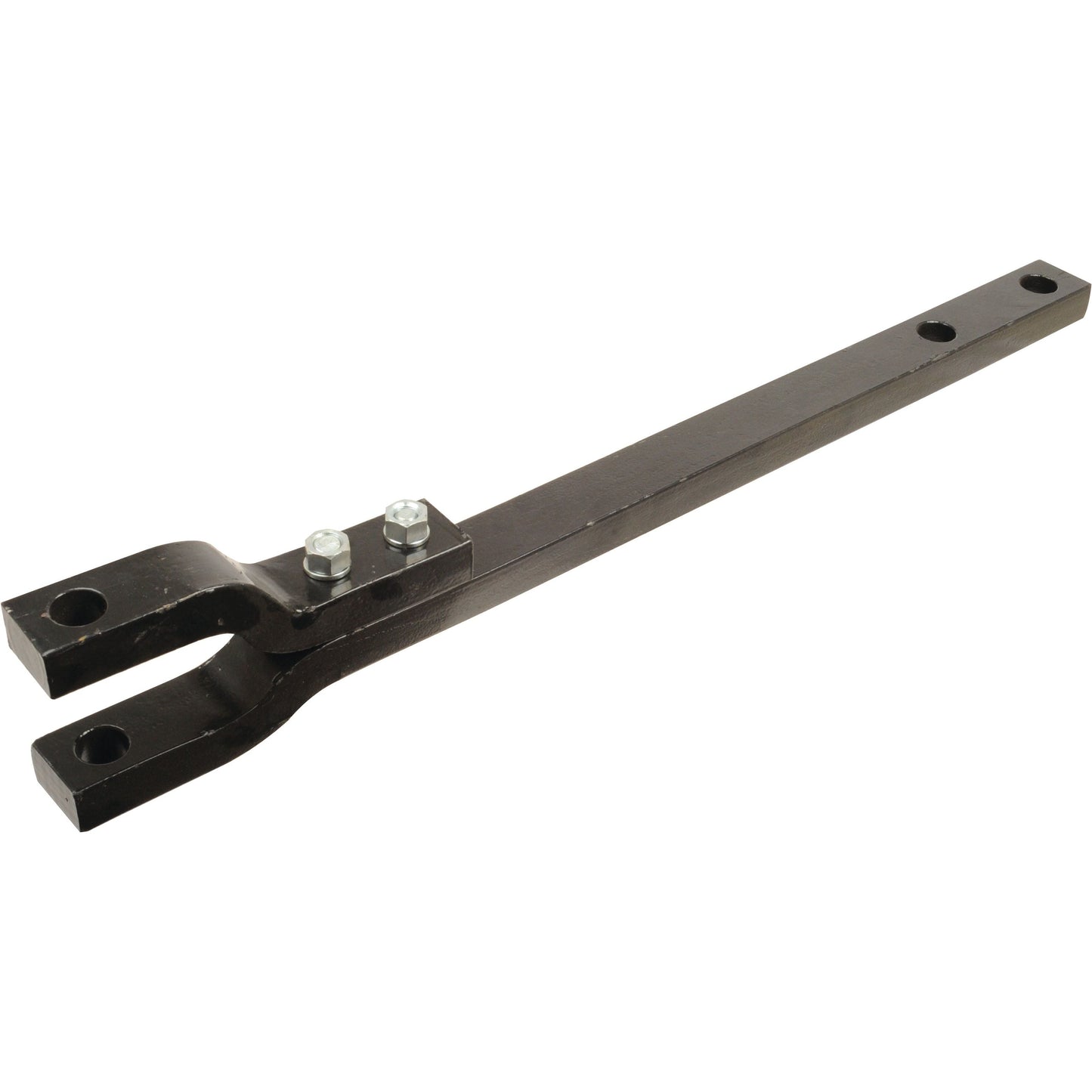 The Sparex Swinging Drawbar with Clevis (Part No. S.41018) is a metal tow bar measuring 840mm in length with a sectional dimension of 30x49mm. It features a U-shaped end with two bolts and an elongated, flat design with precisely spaced holes at the other end, ensuring reliable performance and compatibility for Massey Ferguson equipment.