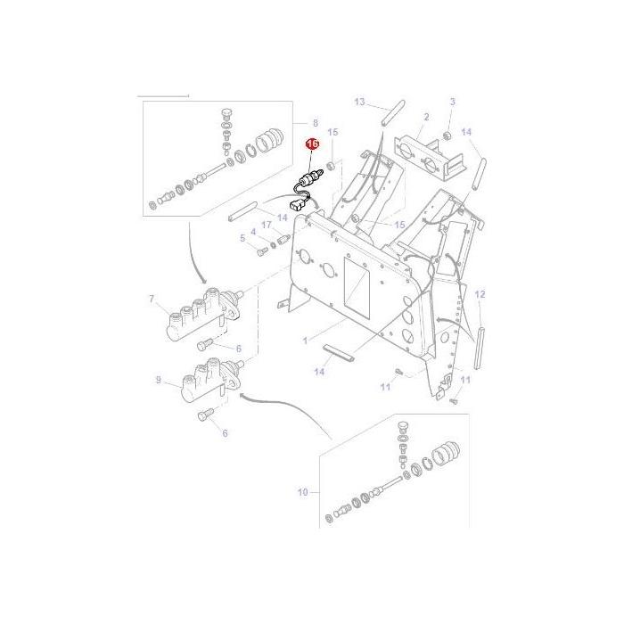 Technical diagram showing an exploded view of a Massey Ferguson mechanical assembly with various numbered tractor parts, including the Switch Brake Pedal (4284198M1) by AGCO, alongside gears, shafts, and mounting brackets specific to the 5300 Series.