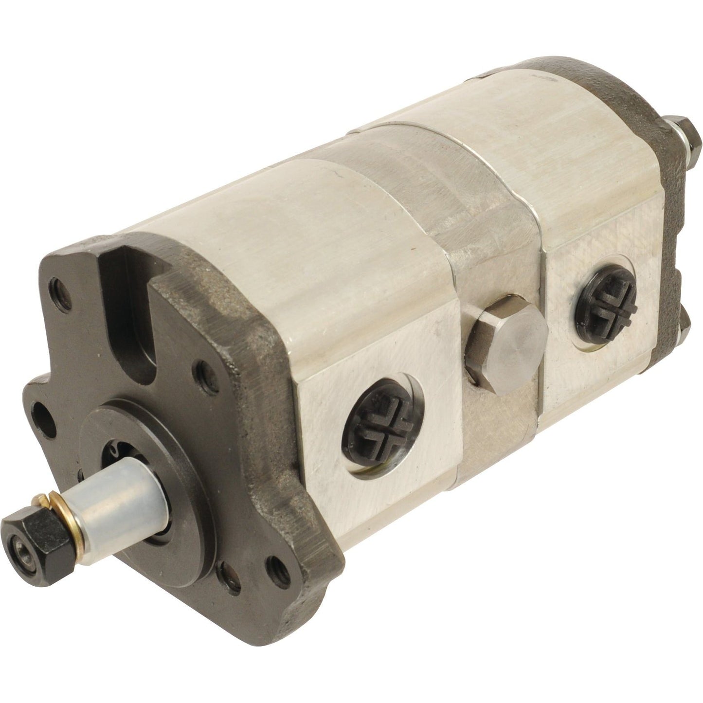 A metallic Tandem Hydraulic Pump - S.42143 by Sparex with a cylindrical body, small attachment points, and a hexagonal bolt on its side, shown against a white background. This pump features smooth anti-clockwise operation for efficient performance.