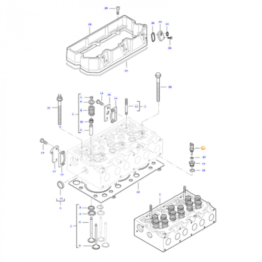 Exploded view of a Massey Ferguson cylinder head assembly detailing the temperature sensor (V836667732) by AGCO, along with other components such as the valve cover, bolts, springs, valves, and seals, each part numbered for easy identification.