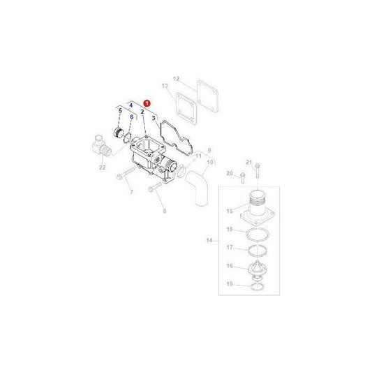 Exploded diagram of the Massey Ferguson Thermostat Housing (Part Number: 4225037M1) from AGCO, featuring numbered parts with a detailed components list in the bottom-right corner.