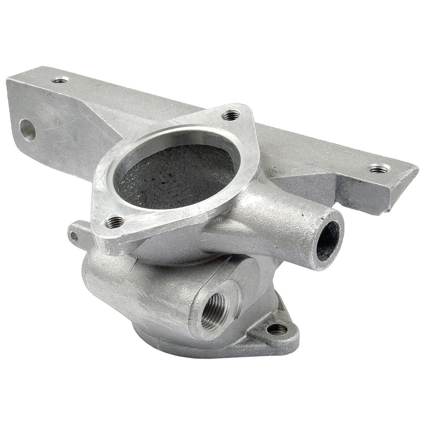 An aluminum automotive part with several mounting points and threaded openings, featuring a large circular opening in the center and a bracket extending to the side, similar to the Thermostat Housing | Sparex Part No. S.42732 by Sparex.