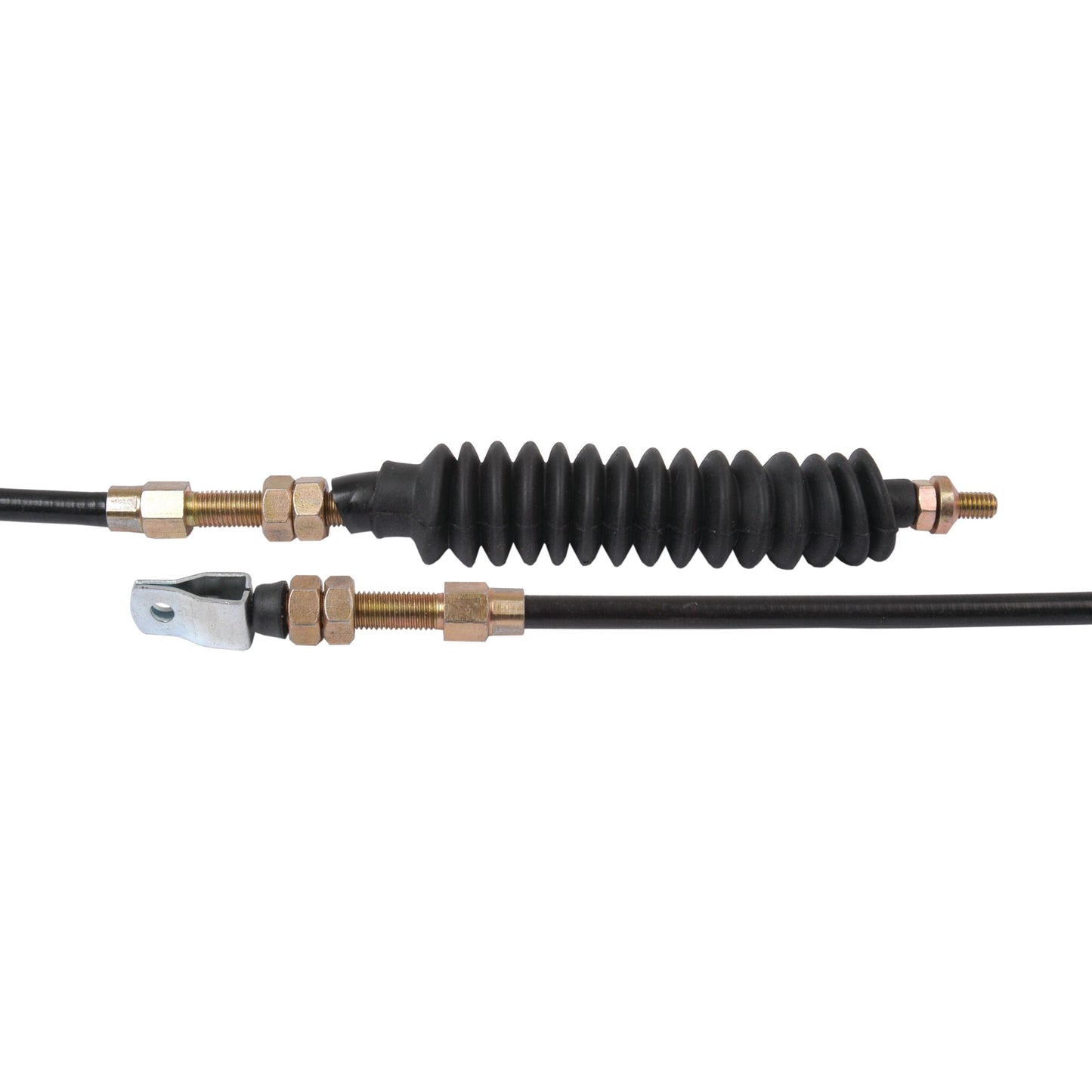 An image of the Sparex Throttle Cable (Part No. S.42256), with a length of 1208mm and an outer cable length of 1071mm, featuring a black accordion-like protective cover, gold-colored connectors at both ends, and a metal mounting point on one side, compatible with Massey Ferguson tractors.