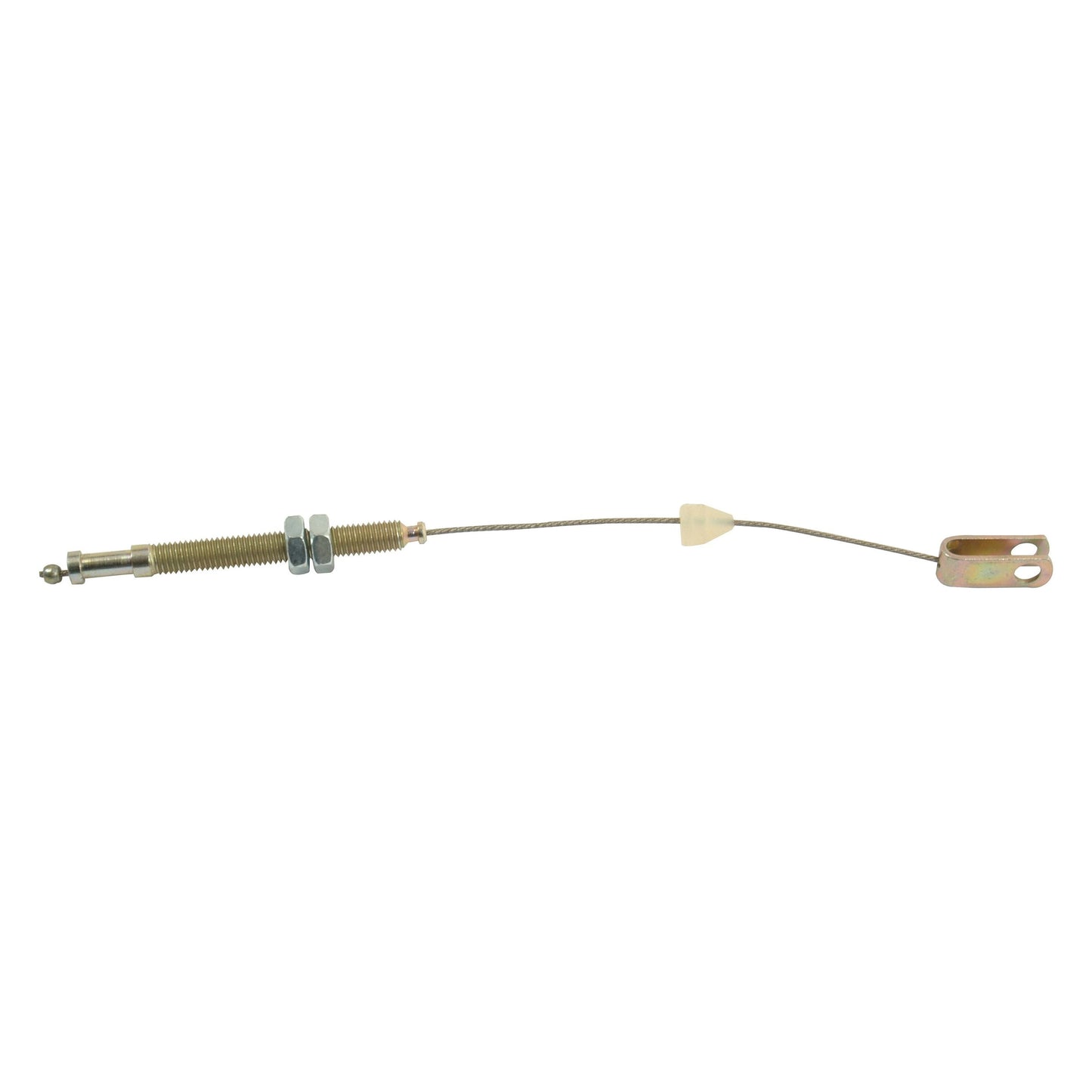 The Sparex Throttle Cable, measuring 235mm in length, features a comprehensive metal cable assembly with fittings, including threaded sections, hexagonal nuts, and a precision-adjusting mechanism—ideal for use as a Massey Ferguson throttle cable.