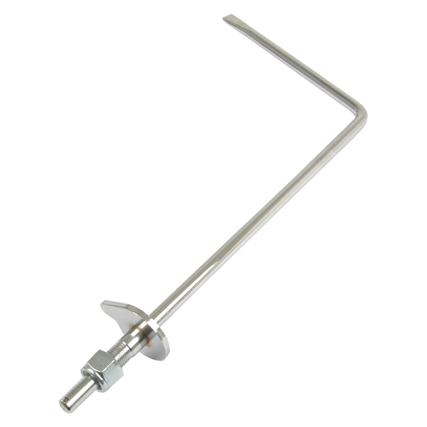 An L-shaped metal rod with a threaded section and attached nut and washer near the opposite end, featuring a cylindrical tip at the bottom. This throttle lever is a perfect fit for Massey Ferguson 135 tractors. For compatibility reference, see Sparex Part No.S.43649.