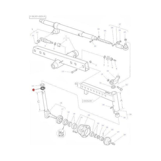 Exploded view of a mechanical assembly with various numbered parts and components, including rods, brackets, bolts, and bushings, displayed in a technical schematic format for the 300 Series Massey Ferguson tractor parts featuring AGCO's Massey Ferguson Thrust Washer (part number 1696722M1).