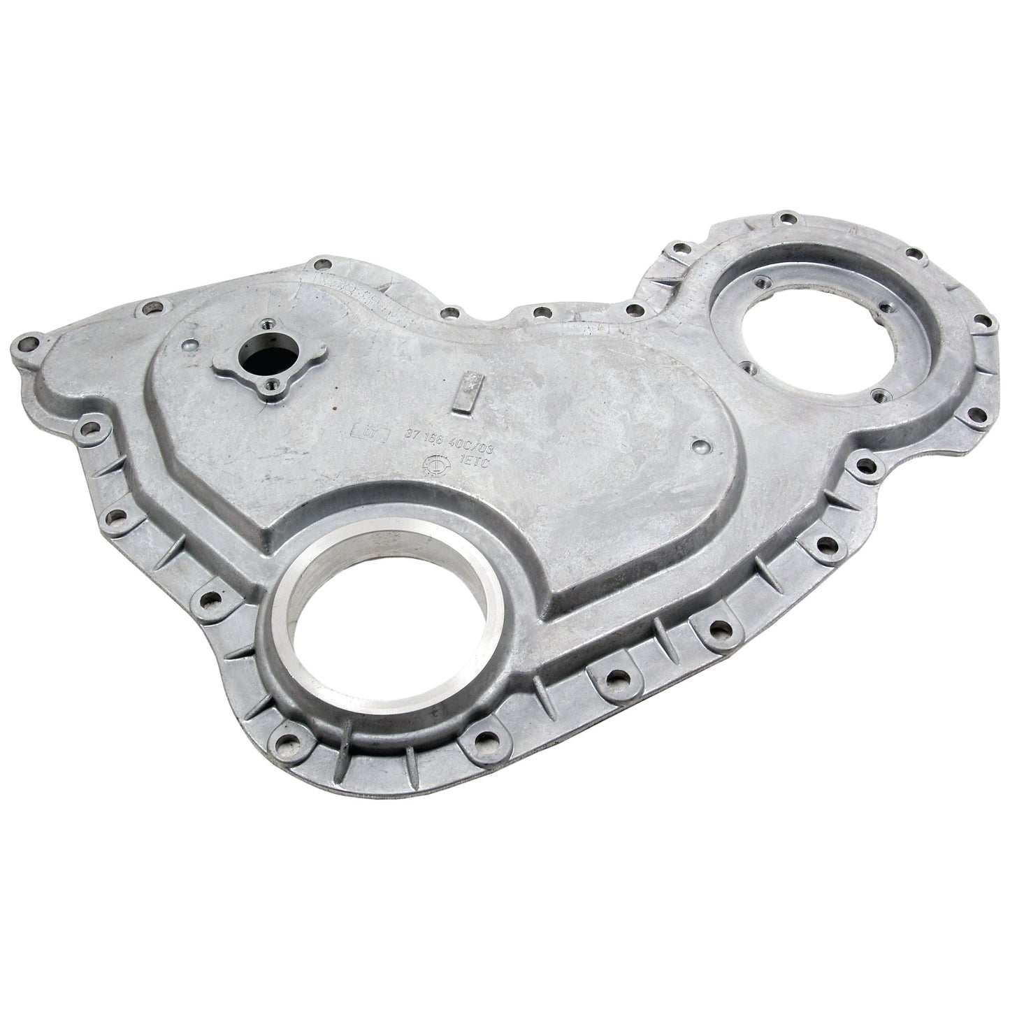 A gray metal timing cover with bolts and circular openings, designed specifically for automotive use and compatible with Massey Ferguson and Landini engines. This product is the Timing Cover by Sparex, Part No. S.42562.