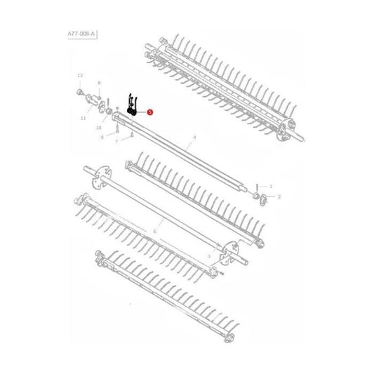 Exploded view of a rake attachment showing labeled parts, including screws, bars, and tines, marked with reference numbers 1 through 12 and a red circle near the central component. Ideal for use with AGCO's Massey Ferguson - Tine - 700703860 on the 100 Series balers.