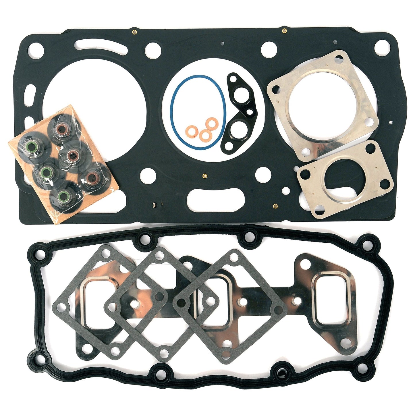 An array of automotive gasket components, including various gaskets, seals, and O-rings for a Perkins Engine 1103 model series (1103, 1103C-33T, 1103 TD, 1103A-33G), neatly arranged on a white background. This collection is part of the Sparex Top Gasket Set - 3 Cyl. (Sparex Part No. S.43913).