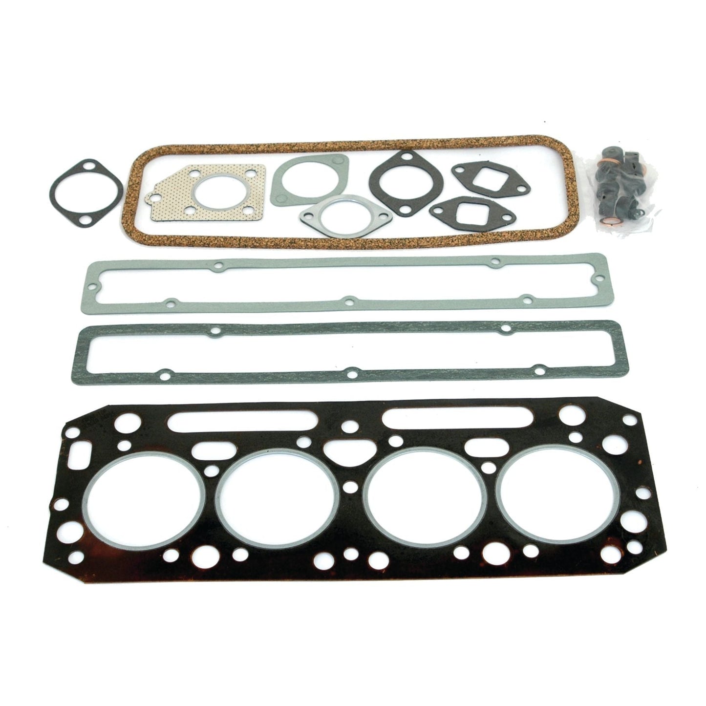 A Top Gasket Set - 4 Cyl. (A4.99, 4.107, A4.107) by Sparex, part number S.42315, includes an assortment of engine gaskets and seals arranged neatly, encompassing a head gasket, valve cover gasket, and several small circular and irregularly shaped seals from a Perkins Engine.