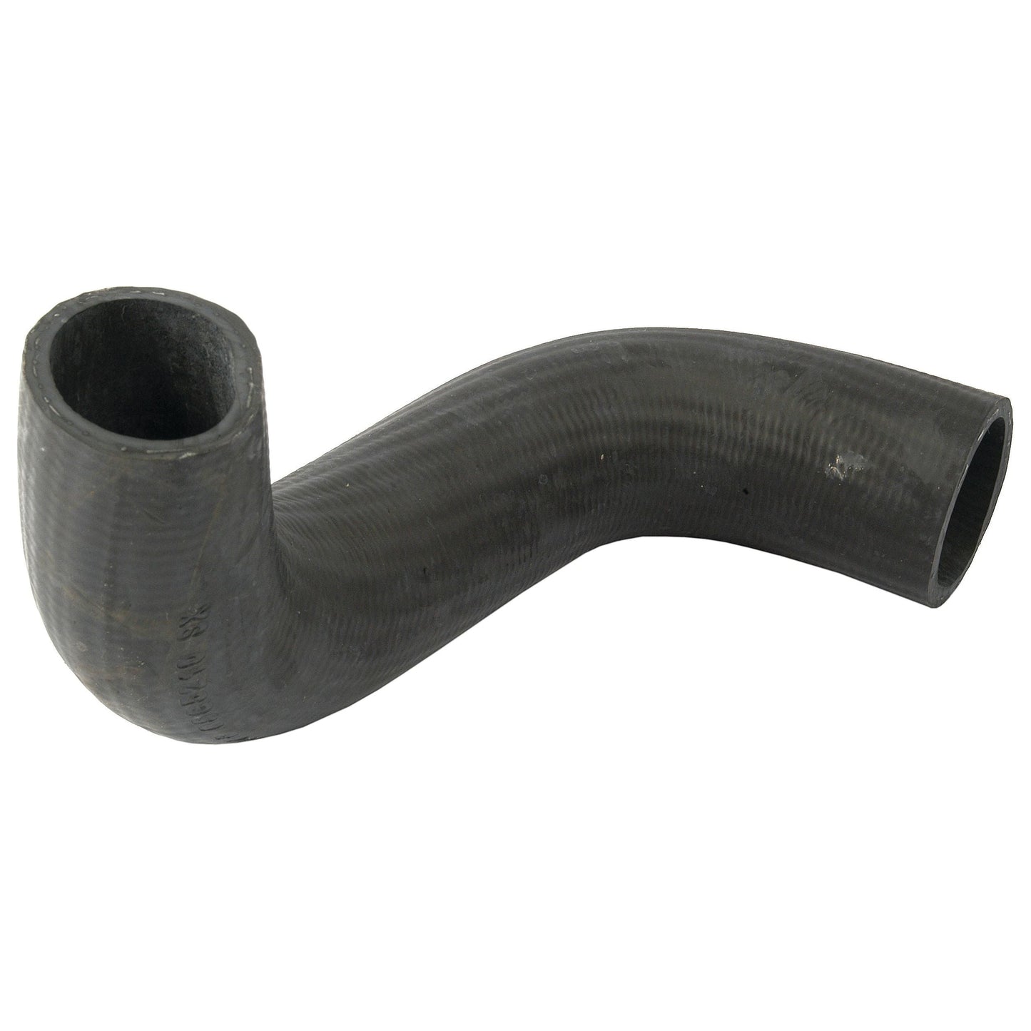 A black, curved rubber hose with a 90-degree bend and open end, suitable for use with Massey Ferguson equipment. This is the Top Hose by Sparex (Sparex Part No. S.40021), featuring an inner diameter of 38mm at the smaller end and 40mm at the larger end.