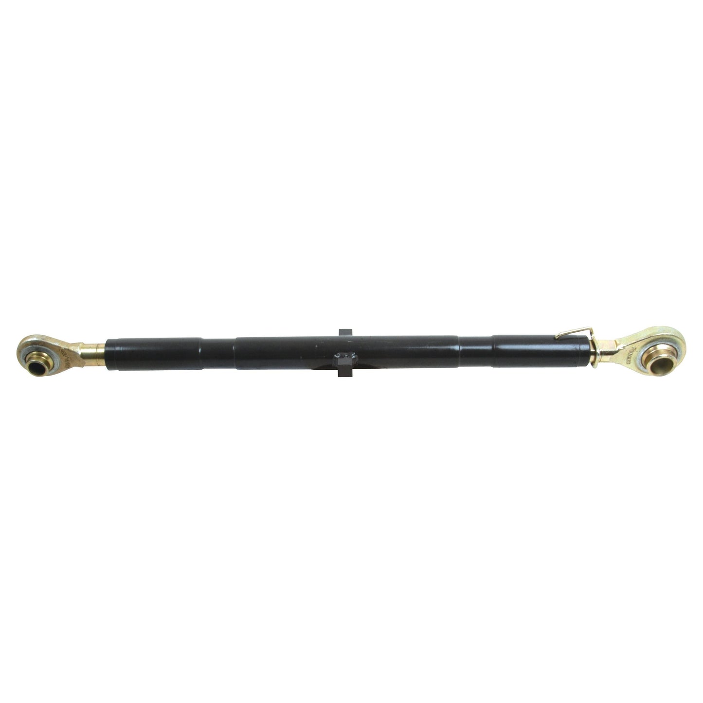 The Sparex Top Link (Cat.1/2) Ball and Ball, 1 1/16'', S.589 with a minimum length of 610mm is a black hydraulic cylinder equipped with brass-colored fittings on both ends, featuring adjustable thread size, making it ideal for tractors and various mechanical and automotive applications.