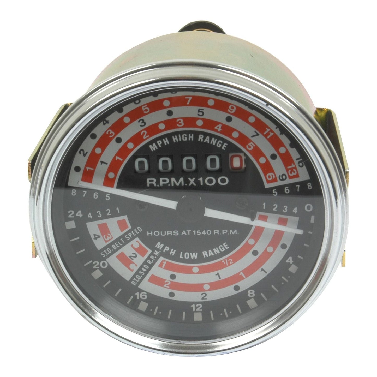 The Tractormeter (MPH) by Sparex, Part No. S.41087, is a vintage mechanical tachometer with black and red dials displaying RPM x 100, featuring sections for high and low range speeds. Ideal for Massey Ferguson tractors with a Tacho drive from Sparex.