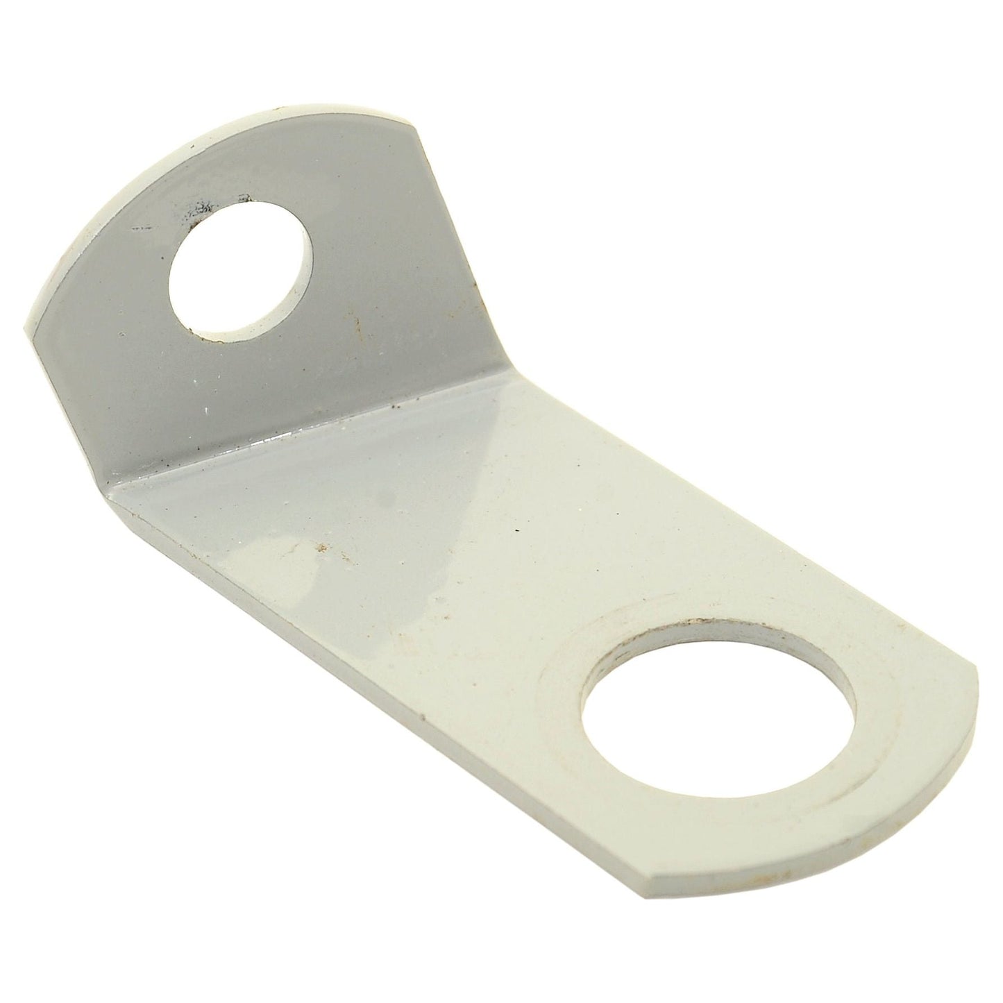 The Sparex Bracket (Sparex Part No. S.44059) features a metal design with a flat base and an angled extension that includes two round holes of different sizes, one larger and one smaller. This bracket is compatible with Massey Ferguson parts, making it ideal for use as a tipping pipe trailer bracket.