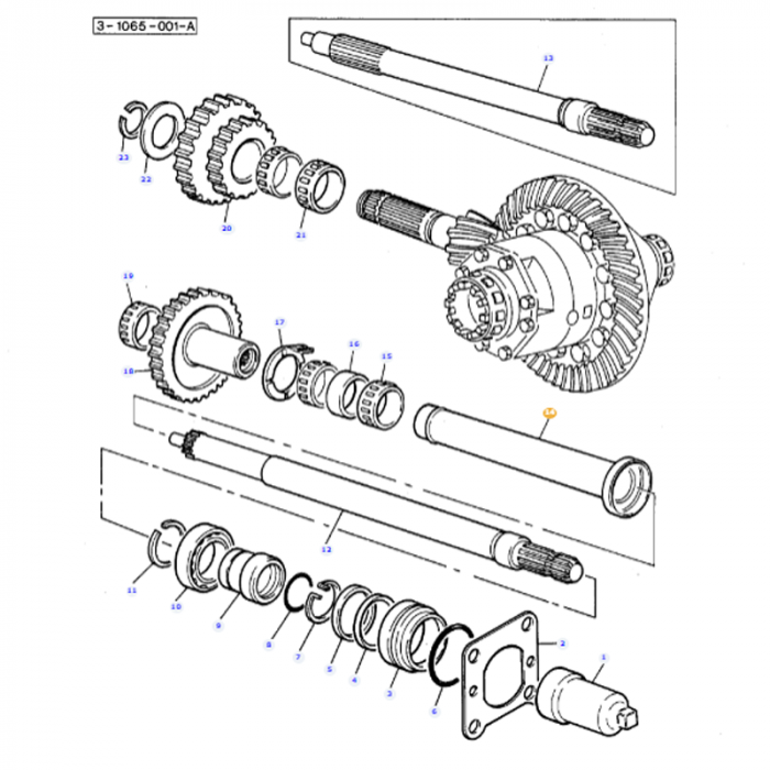 Exploded view of the Massey Ferguson - Tube - 532877M92 mechanical assembly by AGCO, showing detailed labeled parts such as gears, shafts, and bearings, suitable for inclusion in a technical manual or repair guide.