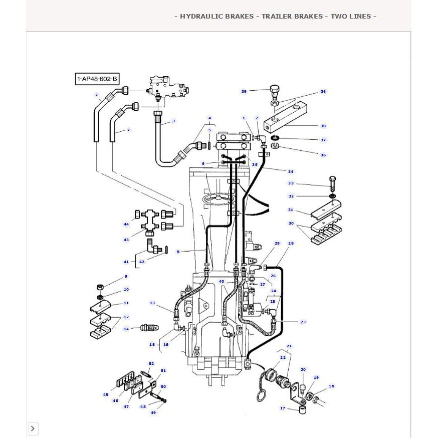 Diagram of a trailer hydraulic brake system with two lines, showcasing various components, parts, and their corresponding labels and numbers for Massey Ferguson models, including AGCO's Tubing - 3715870M2.