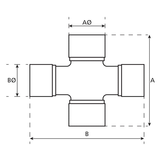 Technical drawing of a pipe fitting cross with labeled dimensions A, B, AØ, and BØ, indicating height, width, and pipe diameters. The design accommodates a Weasler Universal Joint - 36 x 89 & 32 x 106mm (Standard Duty) by Sparex (Part No. S.50908).