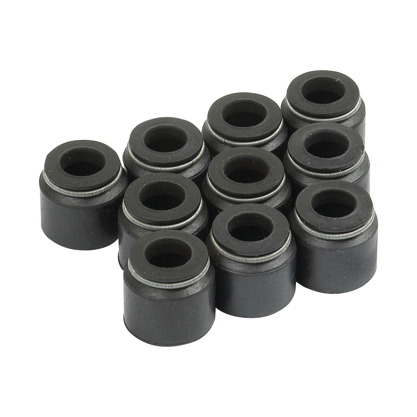 A group of ten black cylindrical valve stem seals, reminiscent of the Sparex Valve Stem Seal (Part No. S.41325), arranged in a cluster on a white background.