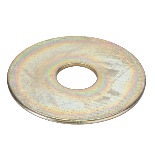 A flat, metallic washer with a central hole and a slight iridescent finish, ideal for Massey Ferguson 100 Series tractor parts, specifically the AGCO Massey Ferguson Washer Tank Mount (Part Number: 890486M1).