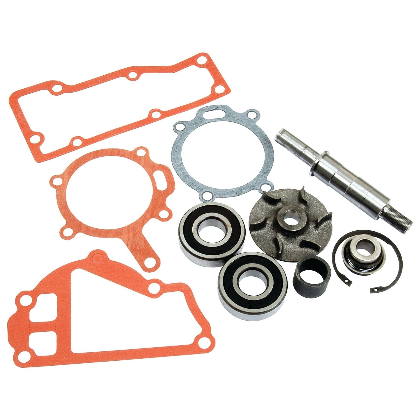 An assortment of various automotive engine parts from Perkins and Massey Ferguson, including gaskets, bearings, a shaft, and other mechanical components. The collection also includes the Water Pump Repair Kit (Sparex Part No. S.41592) from Sparex, all meticulously arranged on a white background.