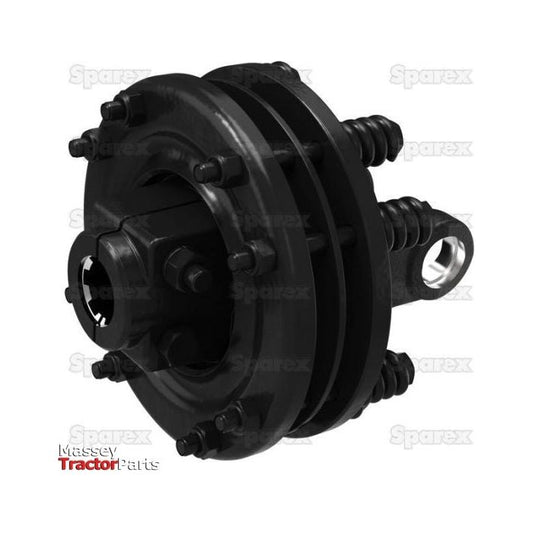 Description: A black mechanical component with gears and multiple bolts, labeled "Tractor Parts" from Sparex, featuring a PTO friction clutch and 1 3/8''-6 spline (U/J Size: 30.2 x 92mm), with the part number S.115473.