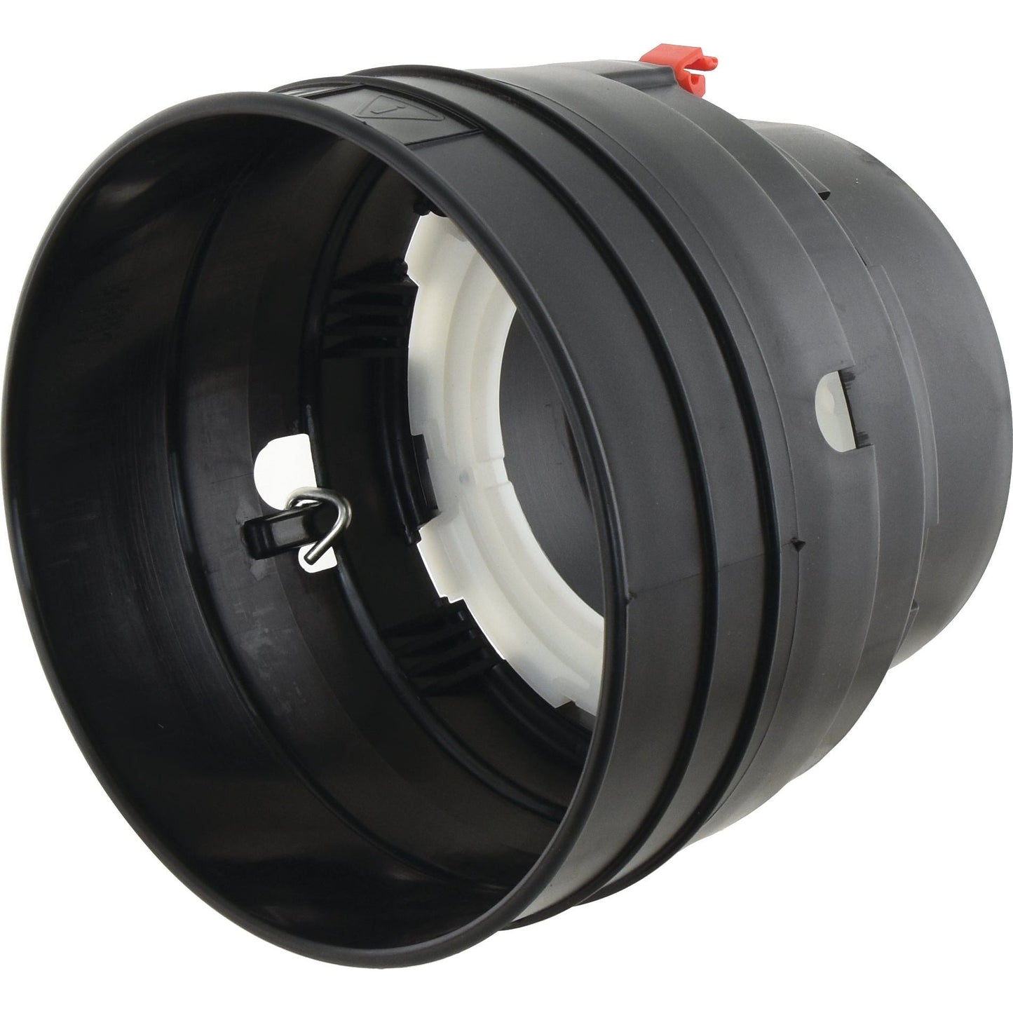 Introducing the Weasler PTO Safety Cone by Sparex (Part No. S.39070): A black cylindrical plastic adapter featuring rings, a white interior, and an attached metal clip hook. The top side displays a red locking mechanism, specifically designed for equipment or hose attachment within the Weasler German Series to ensure enhanced compatibility.