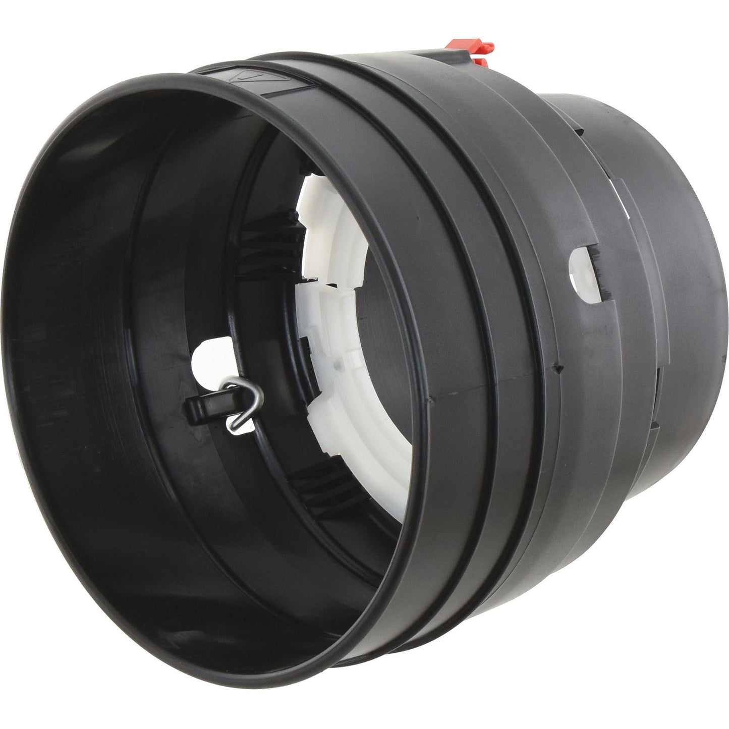 The Weasler PTO Safety Cone, Sparex Part No.S.56634, by Sparex is a cylindrical black plastic pipe connector with a white interior component, featuring a metal clasp and bearing groove, designed for securing and joining sections of piping.