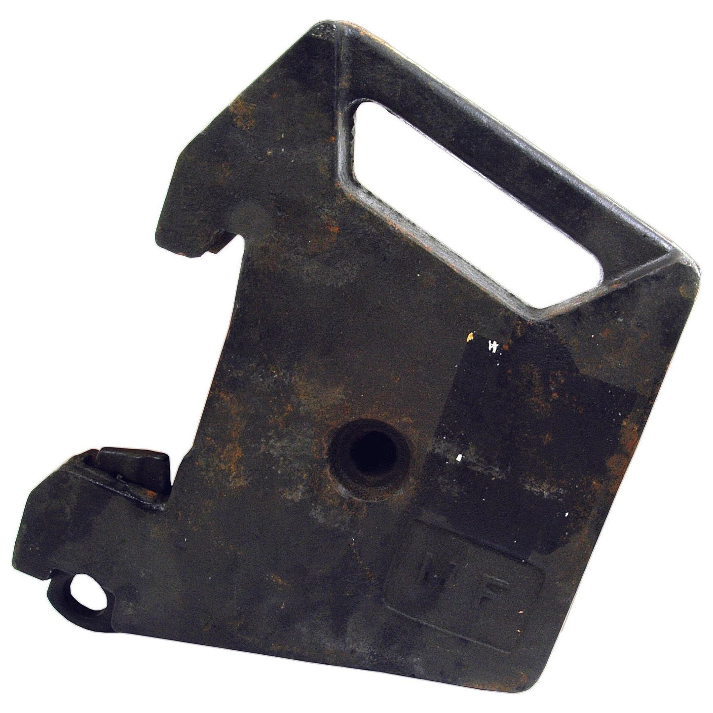 A heavy, rusted, irregularly-shaped metal object with a handle and a circular hole in the center. The letters "MF" are embossed on one side, indicating that this is a Front Weight - 27Kgs (Sparex Part No.S.42608) from Massey Ferguson, by Sparex.