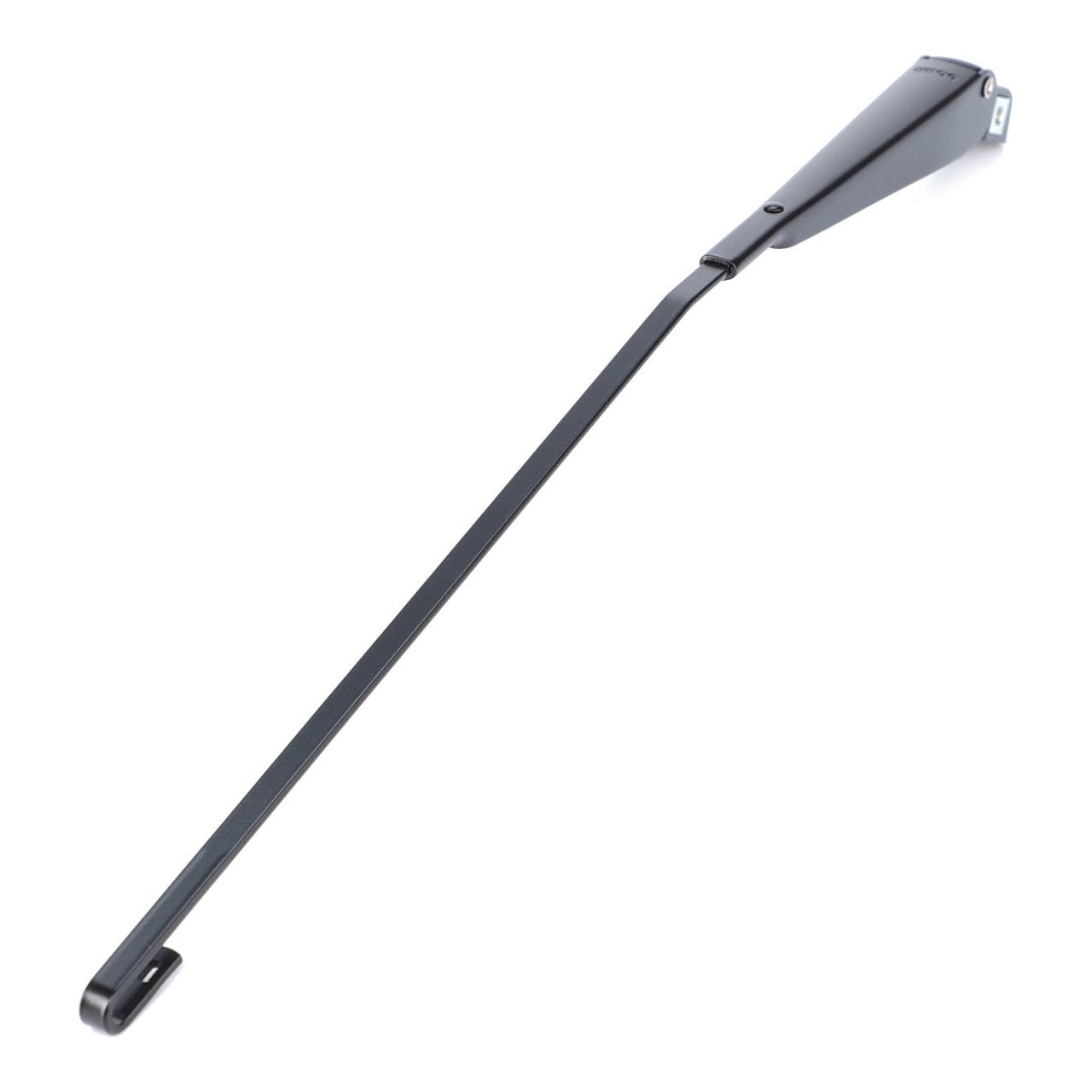 The AGCO Massey Ferguson - Wiper Arm, Rear Window (part number 3582048M1) is an elongated black metal bracket designed with mounting holes at both ends. Crafted from high-grade materials, this minimalist wiper arm features a tapered section mid-length for enhanced structural reinforcement, making it ideal for use with Massey Ferguson models.