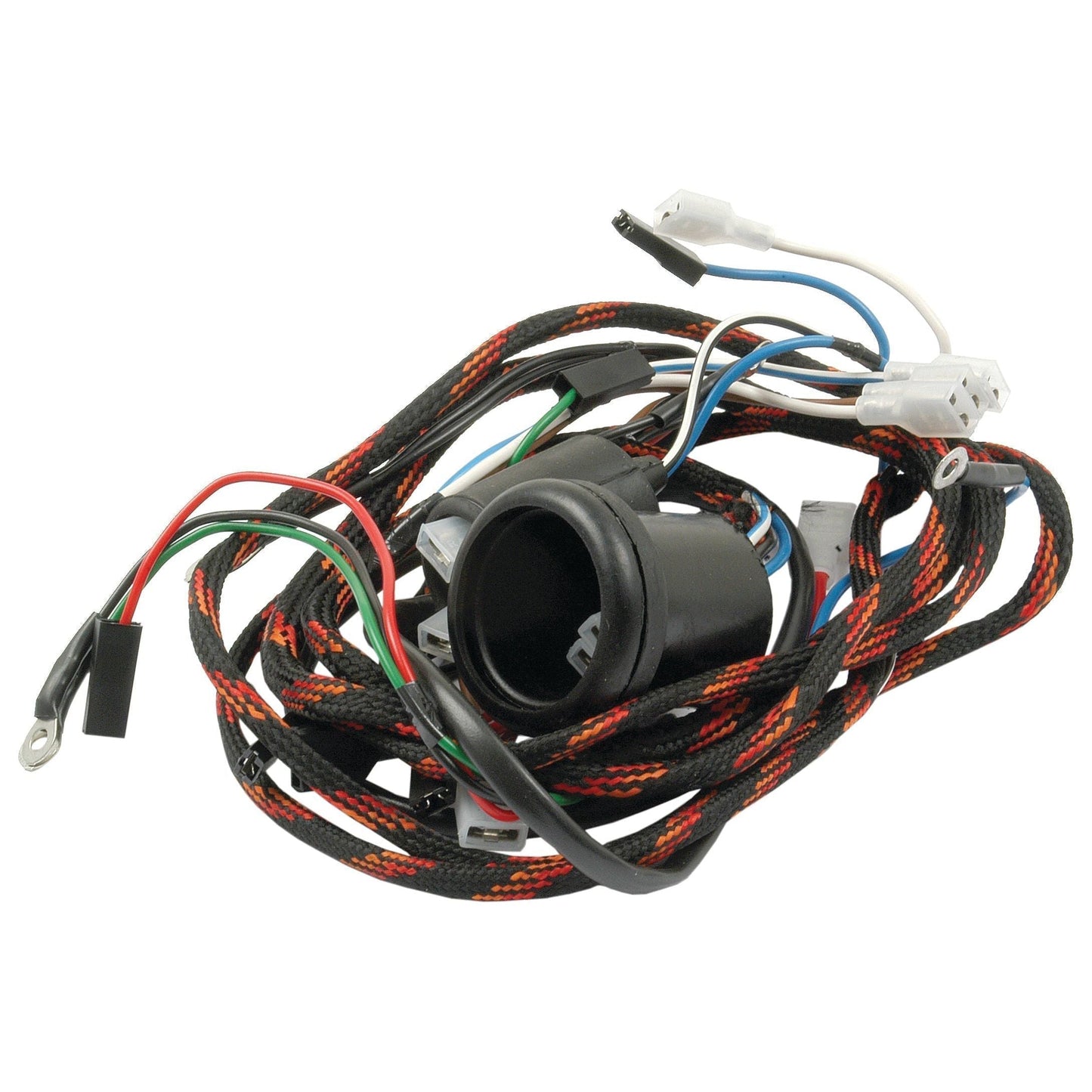A coiled, multi-colored electrical wiring harness with connectors, featuring a black braided outer sleeve, compatible with Massey Ferguson and Perkins A4.212 models is available as the Wiring Harness | Sparex Part No.S.41171 by Sparex.