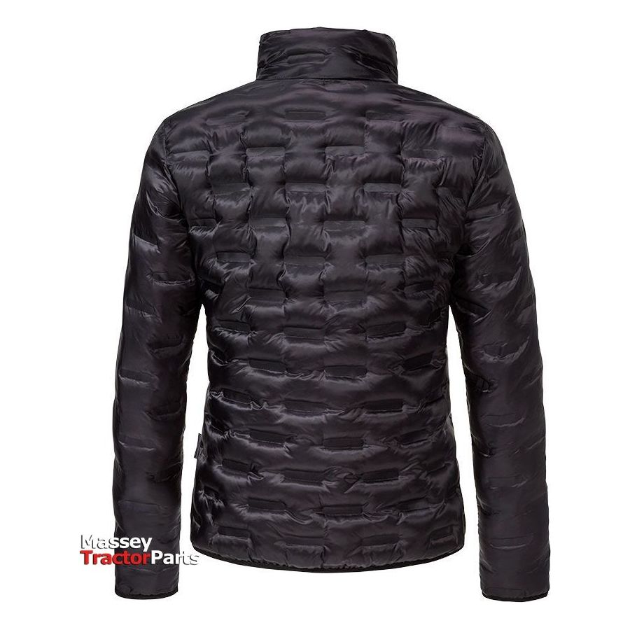 A back view of the AGCO Massey Ferguson Women's Quilted Jacket (X993312211) in black showcases its sporty design, with "Massey Tractor Parts" text visible in the lower-left corner.