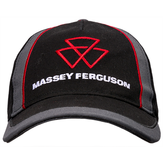 A black and grey cap from the S collection featuring the Massey Ferguson logo and red embroidered text, officially known as the AGCO Massey Ferguson - Kids Black And Grey Cap (X993482303000).