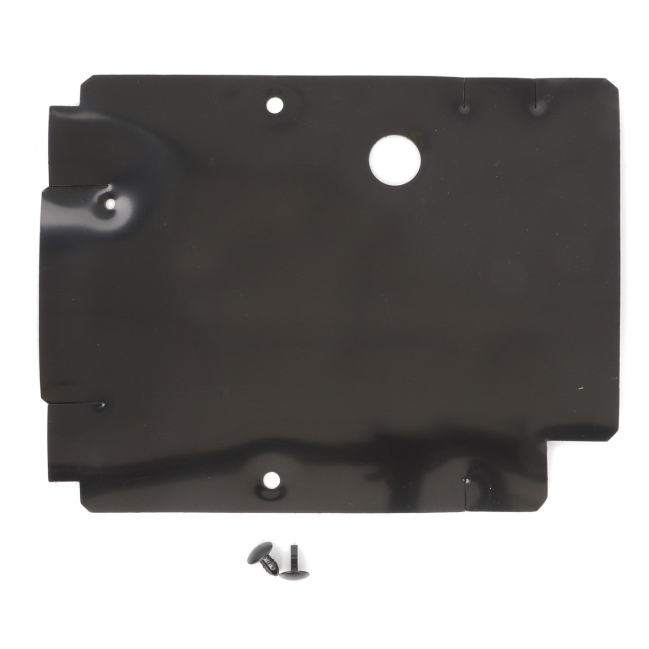 Product: AGCO | Cover, Spring Assembly, Seat - F524500033080
Brand: AGCO
Description: A black rectangular plastic cover featuring a round hole and several notches, accompanied by two metal screws. No current product description available.
