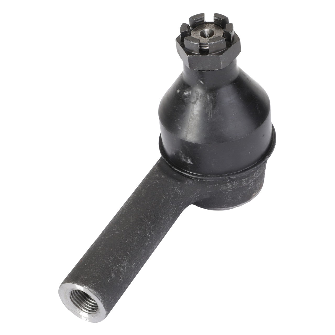 The AGCO RIGHT HAND TOGGLE - 0.010.3009.1 is a black metal automotive product with a cylindrical base, threaded opening, and hexagonal nut on top, resembling a tie rod end.