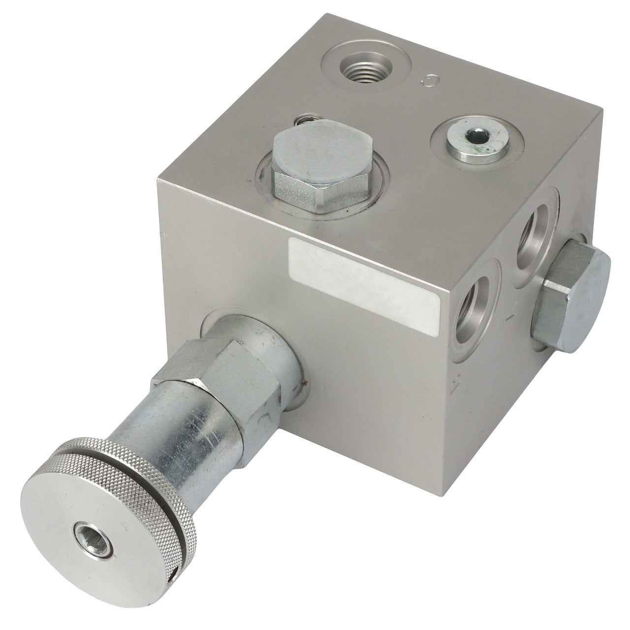 A metal hydraulic valve block with multiple ports and fittings, featuring a protruding cylindrical knob on one side. For detailed product descriptions or assistance with ordering the AGCO | PRESSURE VALVE - SN19558, our support team is available to assist you.