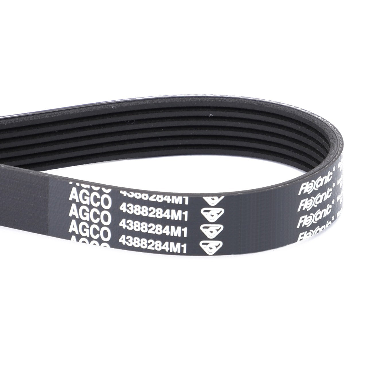 A black AGCO Serpentine Belt with the code "4388284M1" in white text, featuring a Pk6 profile, suitable for various Massey Ferguson models.