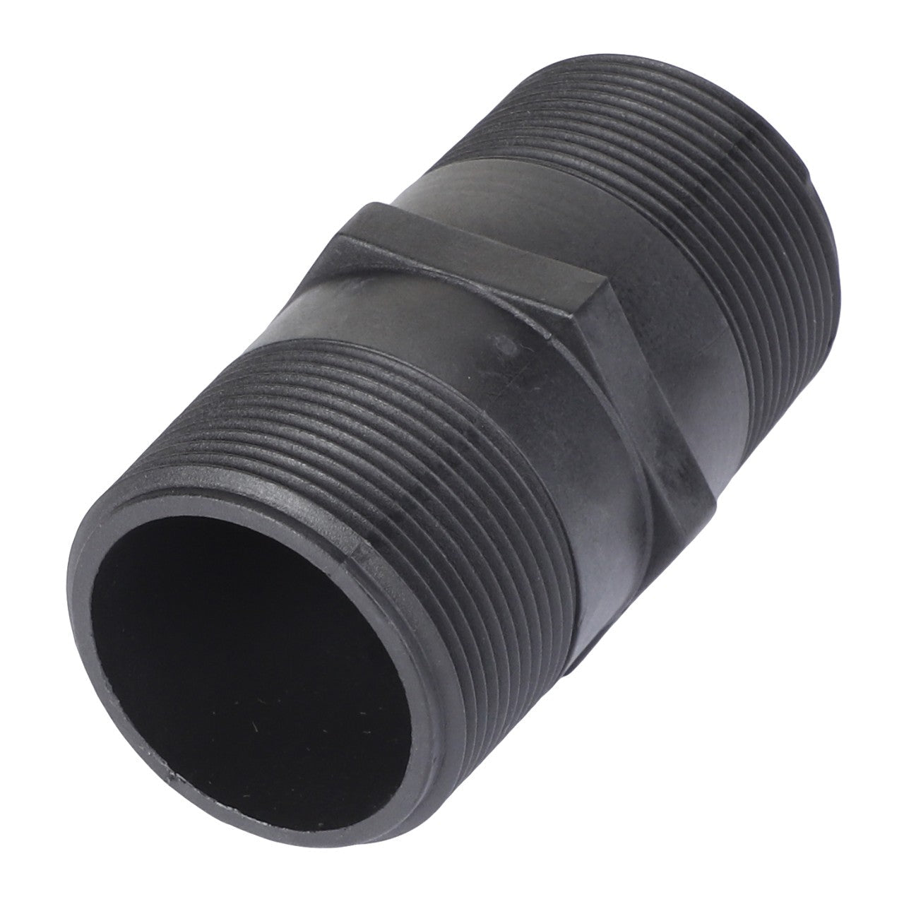The AGCO PLUG - AG610712 is a durable black plastic threaded pipe fitting with external threading on both ends, perfect for securely joining pipes in any plumbing system.